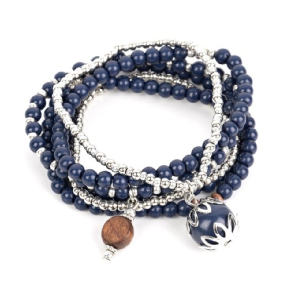 Epic Escapade Blue mismatched collection of silver, navy beaded bracelet